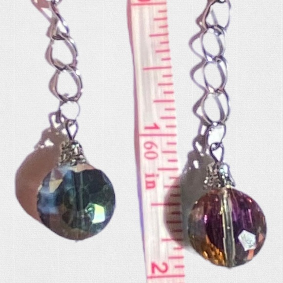 Hand Crafted Earrings Rainbow Long Dangle Faceted Glass Pierced Green Crystal - Picture 2 of 9